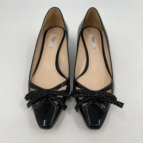 Prada Black Patent Leather Heels with Bow AccentSize 38EU